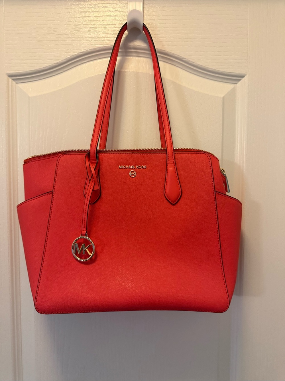 Michael Kors Coral-Red Saffiano Leather Tote with Gold Hardware